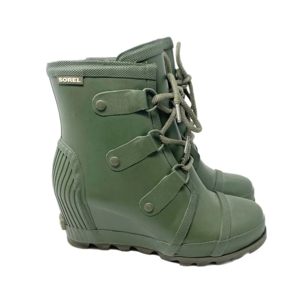 Sorel Womens Joan 1717591383 Green Rubber Wedge Lace Up Rain Boots Size 8.5 - Picture 1 of 5